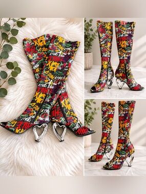 Colorful Graffiti Knee-High Boots with Heart Heel - Women Accessories